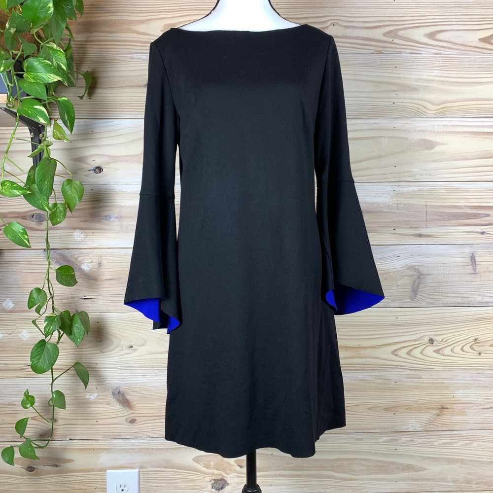 Bailey 44 Dress Women Small Ponte Black Blue Bell Sleeve Shift Elevated